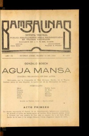 Agua mansa : comedia dramática en dos actos