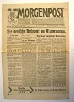 Tageszeitung "Berliner Morgenpost" u.a. über Differenzen mit Frankreich bezüglich der Ratifizierung des Versailler Vertrages und zum Betriebsrätegesetz