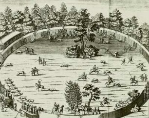 Schweinehatz. Reproduktion aus: Hans Friedrich von Fleming "Der Vollkommene Teutsche Jäger", 1719