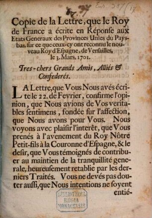 Copie de la lettre que la Roy de France à écrite en Reponse aux États Géneraux du Pays-Bas