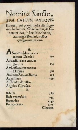 Nomina Sanctorum Patrum Antiquissimorum qui praeter multa alia sacrorum bibliorum, Conciliorum, & Canonum loca, in hoc libro citantur ...