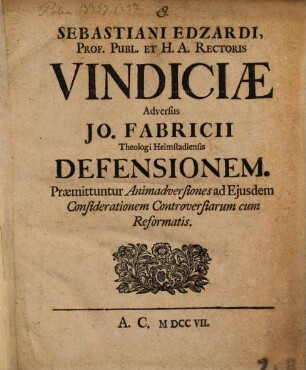 Vindiciae adversus Joh. Fabricii defensionem