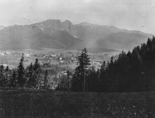 Dorf im Tal : Blick auf ein Dorf in einem Tal. Wald im Vordergrund. Hohe Berge im Hintergrund