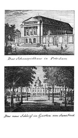 Tafel: Das Schauspielhaus in Potsdam. Das neue Schloss im Garten von Sanssouci