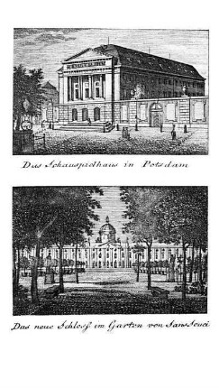 Tafel: Das Schauspielhaus in Potsdam. Das neue Schloss im Garten von Sanssouci