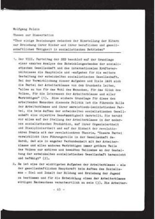 Über einige Beziehungen zwischen der Einstellung der Eltern zur Erziehung ihrer Kinder und ihrer beruflichen und gesellschaftlichen Tätigkeit in sozialistischen Betrieben : Thesen zur Dissertation A