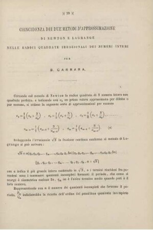 Coincidenza dei due metodi d'approssimazione di Newton e Lagrange nelle radici quadrate irrazionali dei numeri interi.