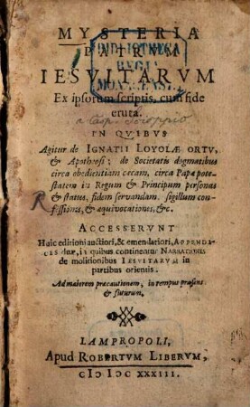 Mysteria Patrum Jesuitarum ex ipsorum scriptis ... eruta
