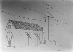 Perspektivische Zeichnung der Martinskirche von Südwesten