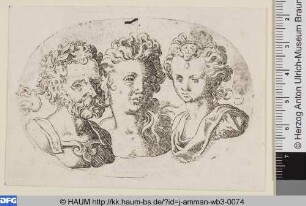 [Drei Männer- und Frauenbüsten im Oval: Links ein römischer Imperator mit Lorbeerkranz, in der Mitte und rechts zwei junge Frauen; Busts of a Bearded Man with Laurel Wreath and two Women]