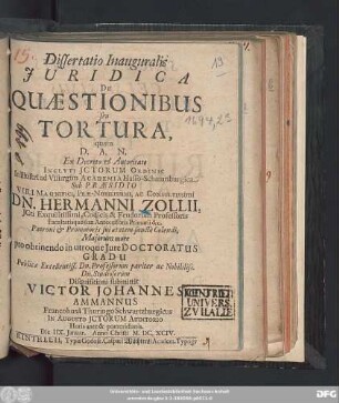 Dissertatio Inauguralis Iuridica De Quaestionibus seu Tortura