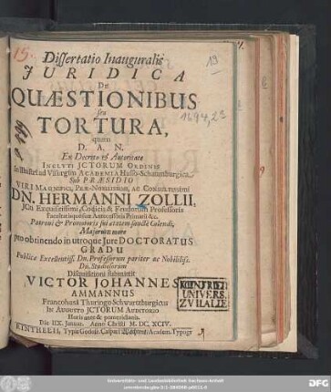 Dissertatio Inauguralis Iuridica De Quaestionibus seu Tortura