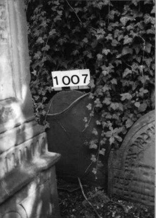 Grabstein 1007 (Index: 99630510) Material: Sandstein Zustand: völlig abgeblättert Maße HxBxT: 56x50x4 cm Beschreibung: Stele mit eingezogenem Rundbogenabschluß: Grabstein 1007