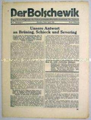 Mitteilungsblatt der KPD des Bezirkes Sachsen "Der Bolschewik" gegen die Notverordnungen der Brüning-Regierung