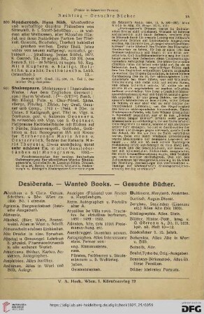 Desiderata.- Wanted Books.-Gesuchte Bücher