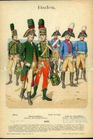 Uniformdarstellung, Gemeine und Offiziere des Husaren-Korps bzw. der Garde du Corps, Markgrafschaft Baden, 1802.