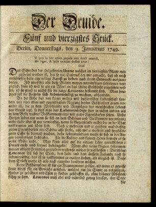 Fünf und vierzigstes Stück. Berlin, Donnerstags, den 9. Januarius 1749