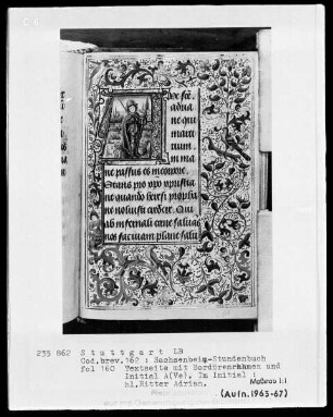 Lateinisches Stundenbuch (Sachsenheim-Gebetbuch) — Textseite mit historisierter Initiale und Drolerien, Folio 160recto