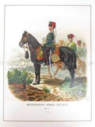 Uniformdarstellung, Offizier des Magdeburgischen Husaren-Regiments No. 10 zu Pferd, Preußen, 1864. Tafel 73 aus: Schindler: Militair-Album.
