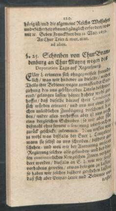 §. 25. Schreiben von ChurBrandenburg an Chur Mayntz wegen des Deputation Tags auf Regenspurg