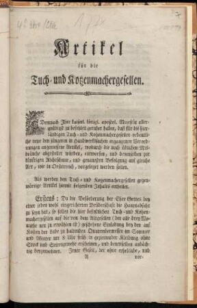 Artikel für die Tuch- und Kotzenmachergesellen : Gegeben ob dem königl. Prager Schlosse den 22sten Jänner 1778
