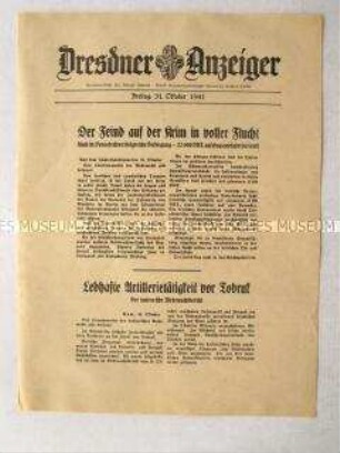 Nachrichtenblatt "Dresdner Anzeiger" zu Erfolgen der Wehrmacht auf der Krim und italienischem Wehrmachtbericht über Artillerietätigkeiten vor Tobruk