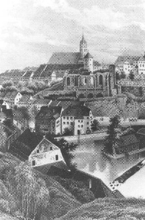 Bautzen. Große Mühle und Stadtansicht, um 1850, Repro