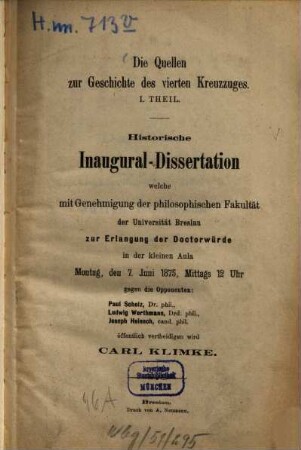 Die Quellen zur Geschichte des vierten Kreuzzuges, I. Theil