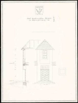 Ostdeutsches Forstamt Schinkelwettbewerb 1944: Forstmeister-Gehöft: Wohnungseingang. Ansicht, Fassaden-Schnitt 1:20