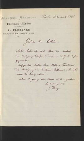 Brief von Jules Florange, Paris : 20.04.1898