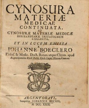 Cynosura materiae medicae continuata, 1. (1729). - 891 S.