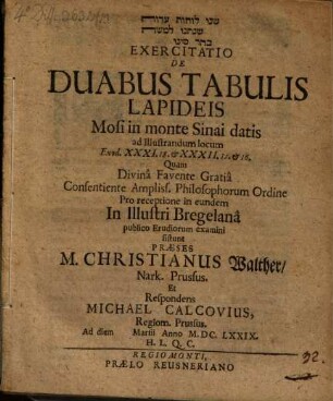 Exercitatio de duabus tabulis lapideis, Mosi in monte Sinai datis