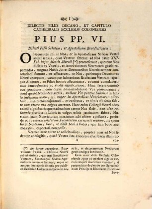 Sanctissimi Domini Nostri Pii Papae Sexti Litterae In Forma Brevis Ad Capitulum Coloniense