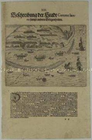Abbildung der Stadt Gammelamme und ihrer Lage - Tafel 13 aus de Bry, India II