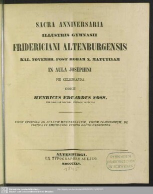 1845: Sacra anniversaria illustris Gymnasii Fridericiani Altenburgensis ... rite celebranda indicit