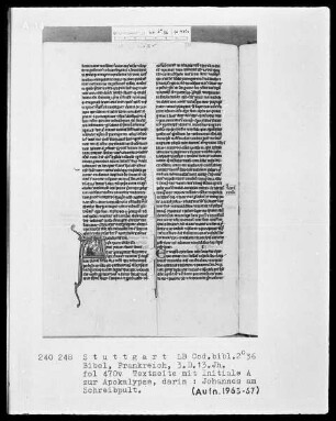 Bibel — Initiale A (pocalypsis), darin Johannes am Schreibpult, Folio 470verso