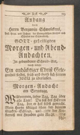 Anhang von Herrn Benjamin Schmolckens, .... GOTT-geheiligten Morgen- und Abend-Andachten