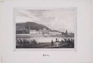 Schloss Pillnitz bei Dresden von Nordwesten über die Elbe mit Gondeln und Segelboot gesehen, aus der Zeitschrift Saxonia, Band 3, 1837