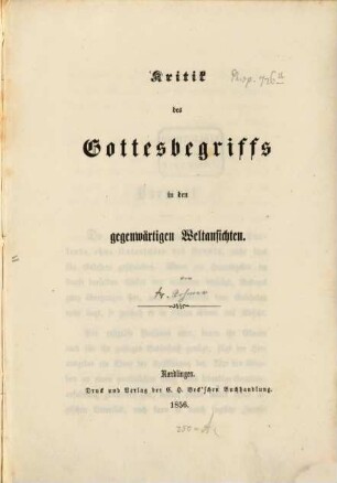 Kritik des Gottesbegriffs in den gegenwärtigen Weltansichten