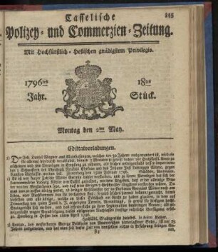 18tes Stueck, Montag den 2ten May. 1796