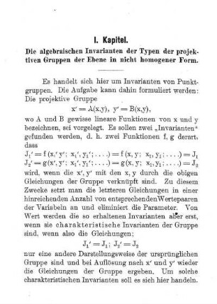 Die algebraischen Invarianten der Typen der projektiven Gruppen der Ebene in nicht homogener Form.