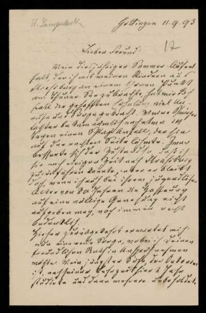 17: Brief von Wilhelm Langenbeck an Gottlieb Planck, Göttingen, 11.9.1893