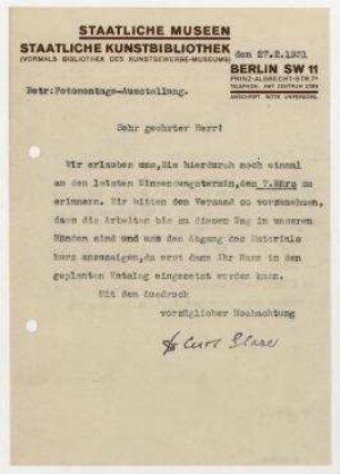 Brief von Staatliche Kunstbibliothek / Curt Glaser an Raoul Hausmann. Berlin