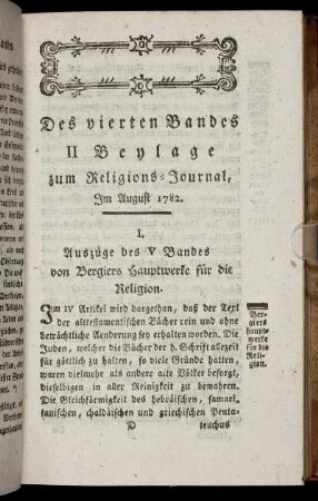 Des vierten Bandes II. Beylage zum Religions-Journal, Im August 1782