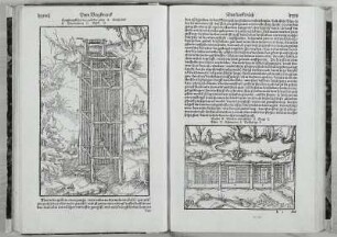 Agricola, Georg: Berckwerck-Buch, Darinn nicht Allain alle Empter Instrument Gezeug, und alles, so zu diesem Handel gehörig, mit figuren vorgebildet, und klärlich beschrieben; Sondern auch, wie ein rechtverstendiger Berckmann seyn sol, und die Gäng außzurichten seyen ... Frankfurt/Main: P. Schmidt, 1580. Das fünfft buch. Tragstempffell, Doppelseite 88/89