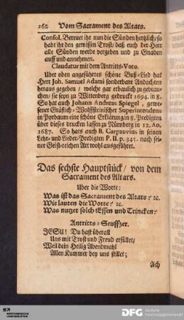 Das sechste Hauptstück / von dem Sacrament des Altars.