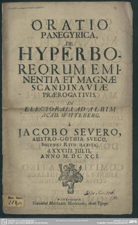 Oratio panegyrica, de hyperboreorum eminentia et magnae Scandinaviae praerogativis