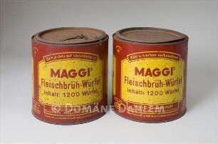 Zwei Dosen für Fleischbrühwürfel der Firma "Maggi"