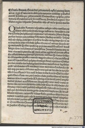 Oratio in obsequio canonice exhibito : Rom, 1486.09.19. Mit Gedicht 'Tres mihi dant nomen terrae...'