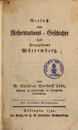 Versuch einer Reformations-Geschichte des Herzogthums Würtemberg